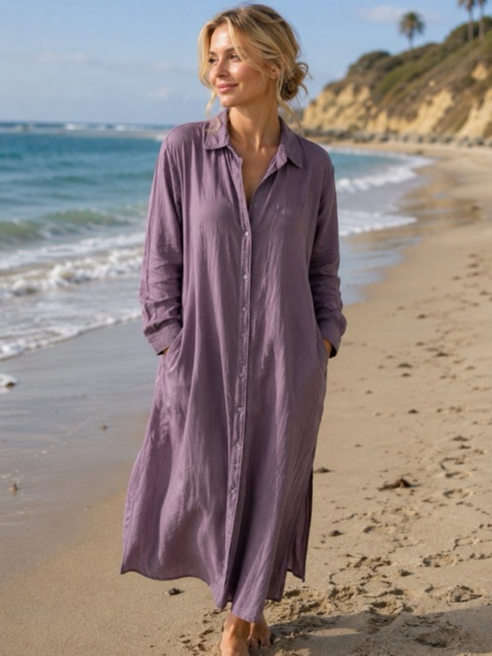 NATURAL LIFE Long Button-Front Maxi Shirt Dress in light purple